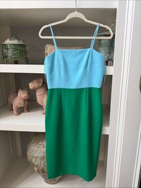 Milly Color block Aqua and Emerald Green Spaghetti Strap Midi Dress, NWT